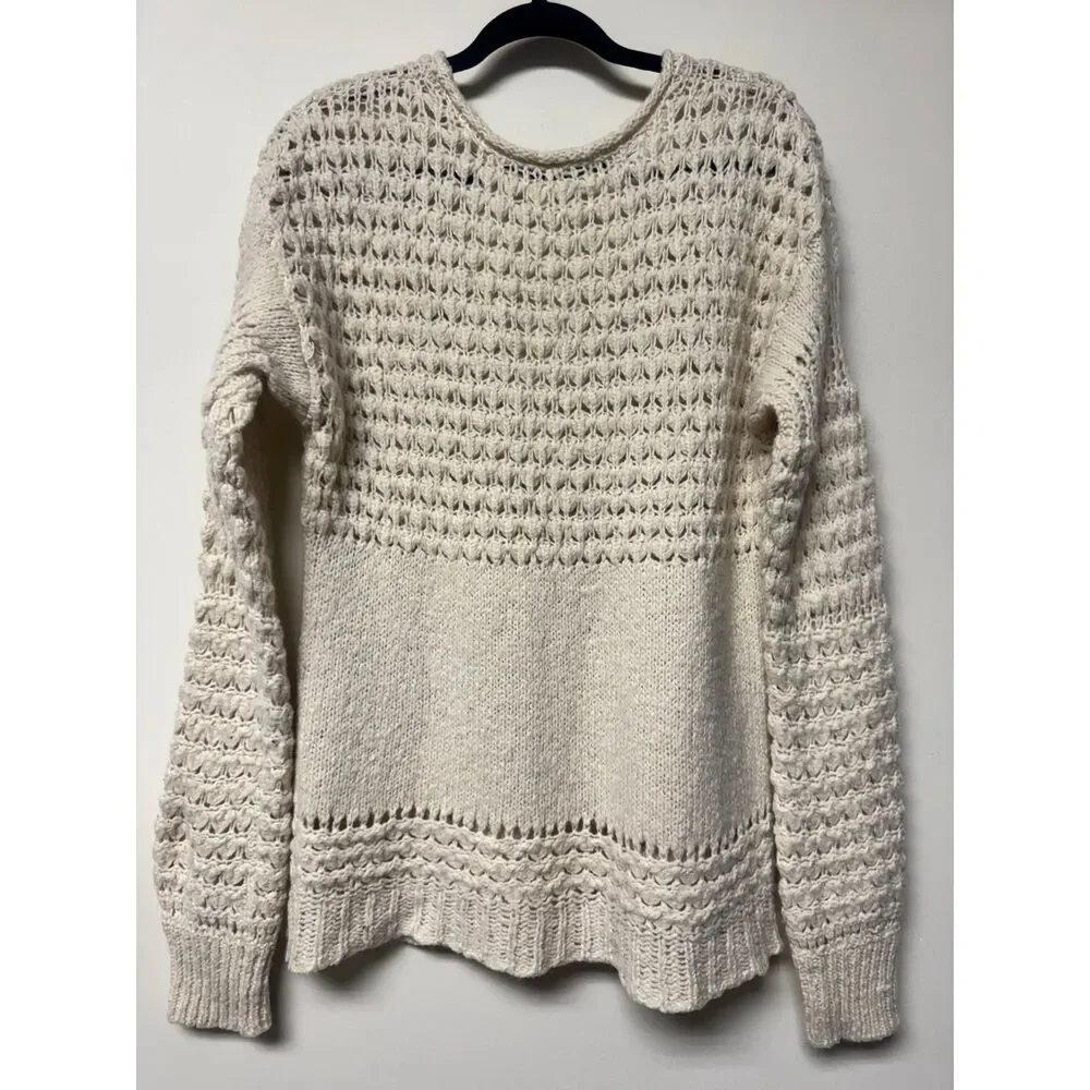 FREE PEOPLE Crashing Waves V-Neck Open Knit Slouchy Pullover Sweater Cream, Sz M